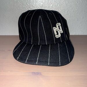 Never Satisfied Black Pinstripe Baseball Cap with White Embroidered Logo Size 7